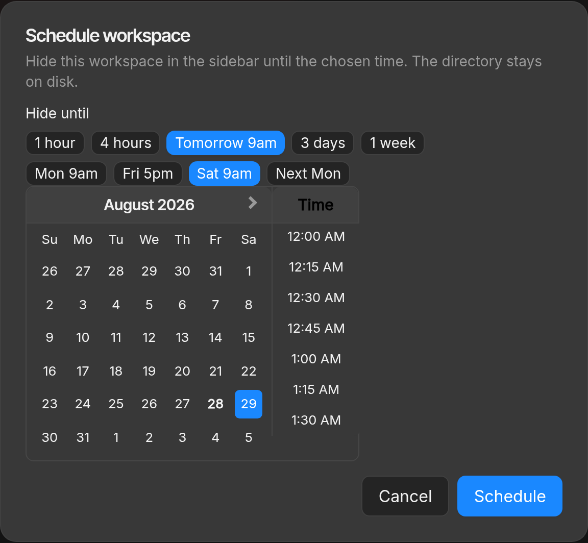 Schedule workspace dialog with hide-until presets