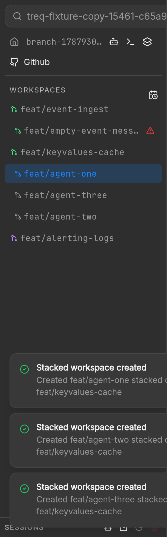 Sidebar after three new agent workspaces appear